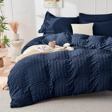 HYMOKEGE Navy Blue Twin Comforter Set Seersucker 5 Pieces, All Season Luxury Bed in a Bag for Bedroom, Bedding Set with Comforters, Sheets, Pillowcase & Sham