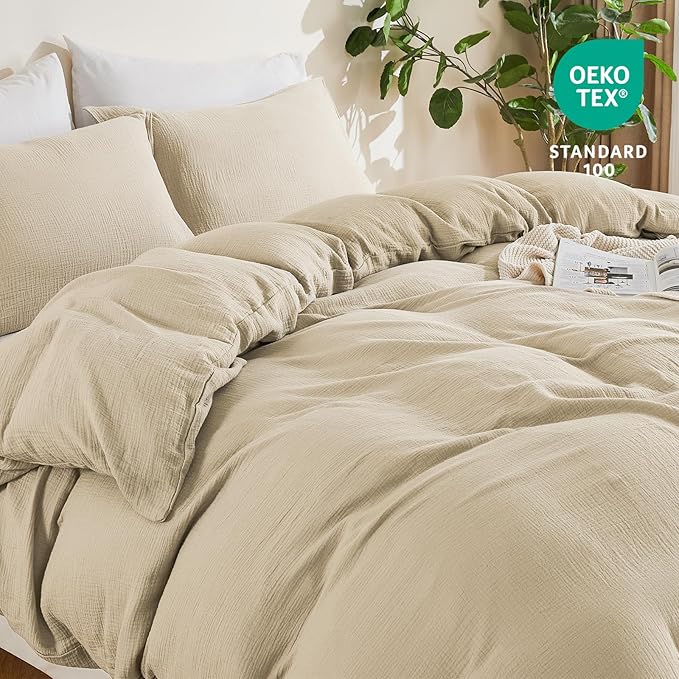 EMME Muslin Cotton Duvet Cover Set Light Tan King Size Linen Like Soft Breathable Lightweight Summer Comforter Cover Set with Zipper Closure (Light Tan, King, 104"x90")