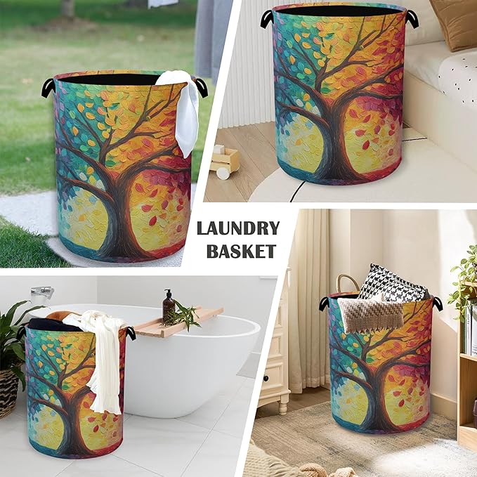 Tree of Life Laundry Basket,Oxford Cloth Laundry Hamper with Handle Foldable Portable Clothes Storage Basket for Bathroom Bedroom Dorm Room 16" x 20.8"