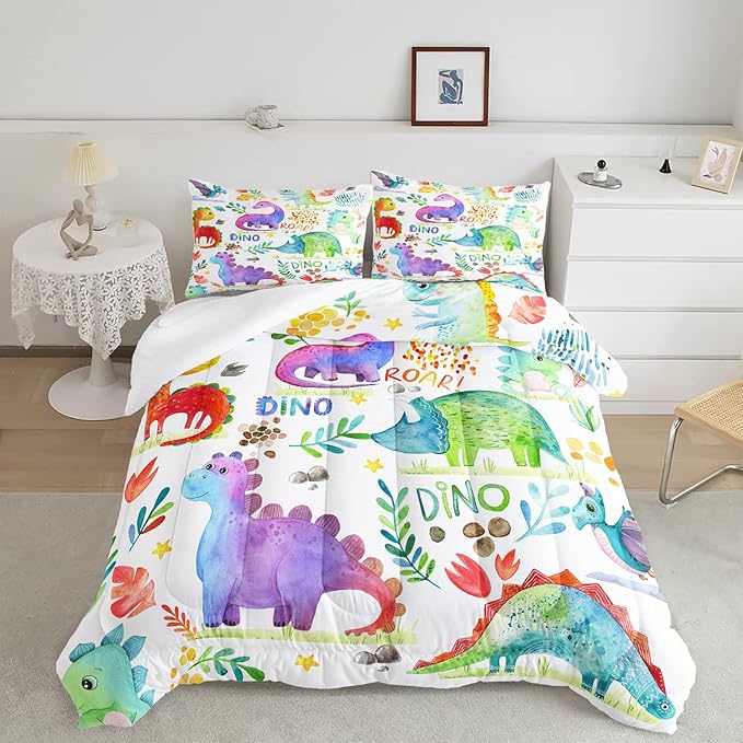 CVHOUSE Dinosaur Comforter Set - Twin Microfiber Quilt Set with 1 Comforter and 2 Pillow Cases - 3 Piece