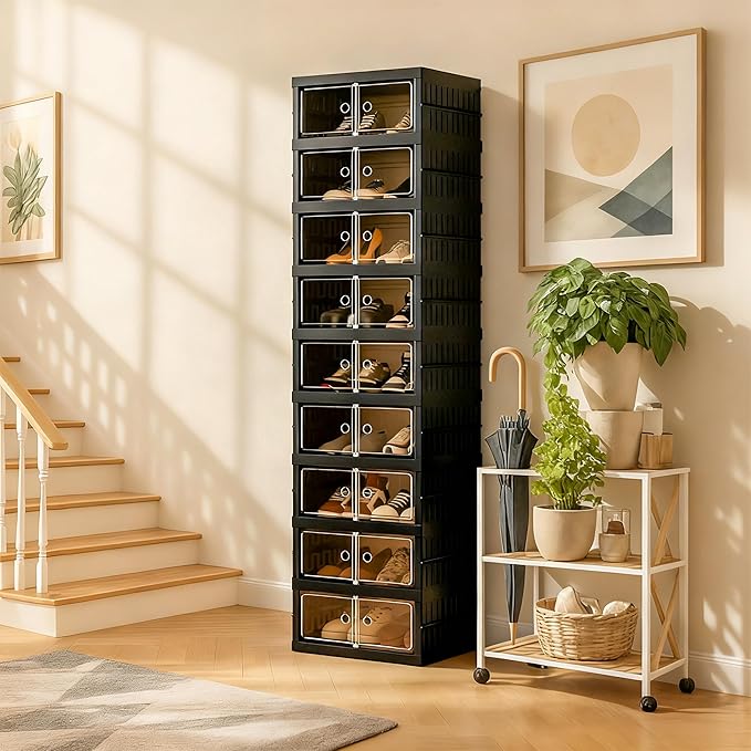 Foldable Shoe Organizer Storage Box Set of 2, Portable Extra Large Folding Shoe Rack for Closet, Shoe Storage Box with Magnetic Transparent Door and Wheels, 9 Layers 18 Grids