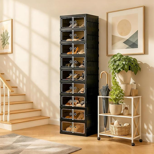 Foldable Shoe Organizer Storage Box, Portable Extra Large Folding Shoe Rack for Closet, Shoe Storage Box with Magnetic Transparent Door and Wheels, 9 Layers 18 Grids