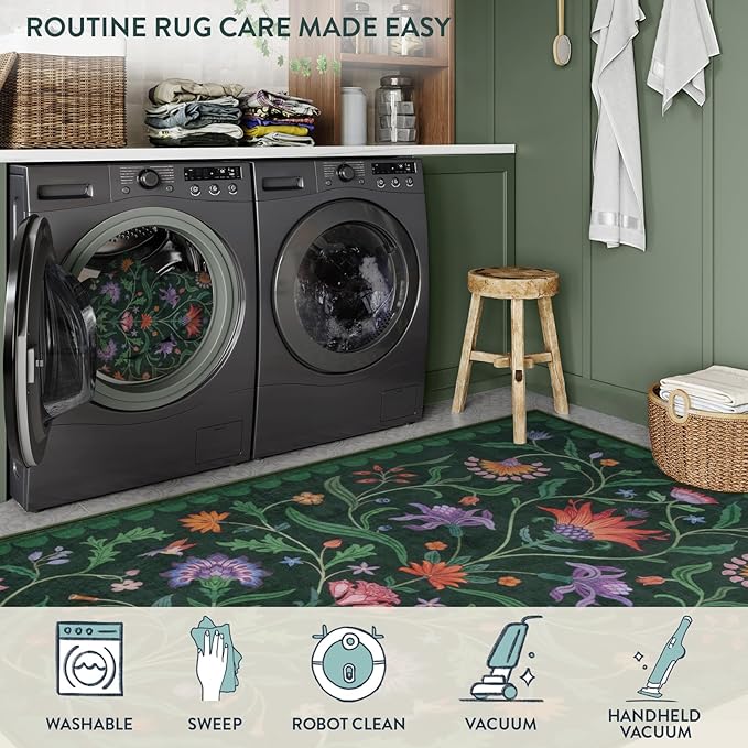 Lahome Boho Floral 2'6"x8' Washable Runners for Hallways, Kitchen Runner Rugs Non Skid Ultra-Thin, Soft Bathroom Rug Throw Carpet Runners for Bedroom Laundry Room (Forest Green,2'6"x8ft)
