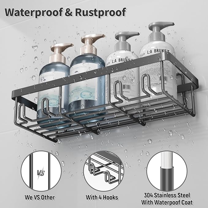 5 Pack Shower Caddy Organizer Rack Shelf for Inside Shower, Self Adhesive Bathroom Wall Storage Basket Rustproof Stainless Steel Large Capacity Shampoo Holder, Dark Grey