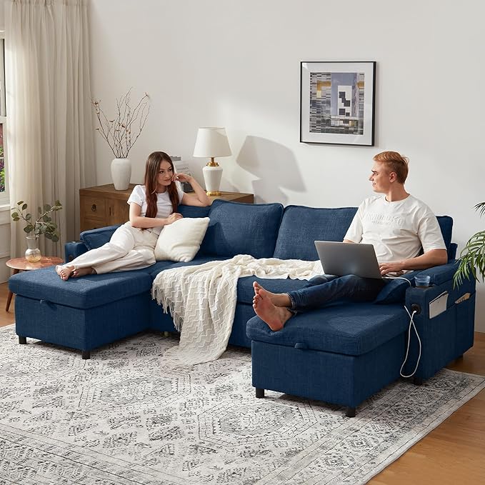 DURASPACE Sofa Bed Pull Out Couch Sleeper with Double Storage Chaise, U Shaped Convertible Sectional Sleeper Sofa for Living Room with USB Charging Ports, Cup Holder (Blue)