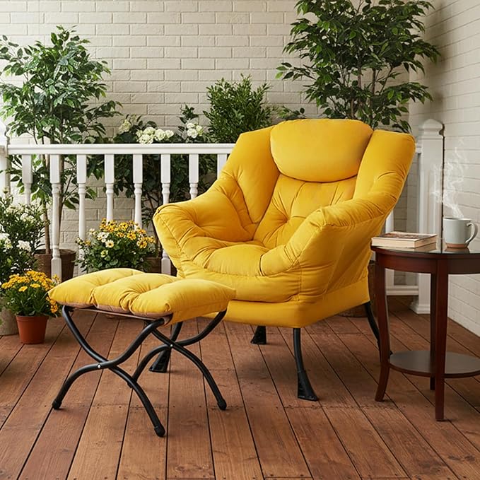 Tiita Lazy Chair with Ottoman, Modern Large Accent Lounge Armchair, Comfy Leisure Sofa Reading Chair with Footrest for Bedroom, Living Room, Dorm Rooms, Garden and Courtyard, Velvet Yellow
