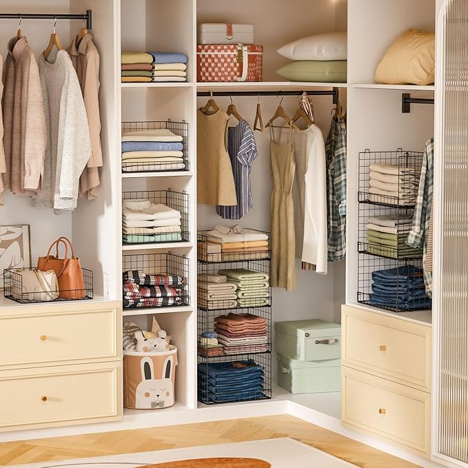 4 Tier Stackable Closet Organizers and Storage Shelves, Foldable Closet Shelf Organizer System, Stackable Storage Bins Drawers for Clothes Organizer System, Black(Patent Pending)