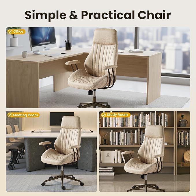 Home Office Desk Chair, Mid-Century Modern Office Chair with Adjustable Lumbar Support, Adjustable Height Executive Task Chair with 360 Rolling Swivel for Meeting Study Room(High Back, Beige)