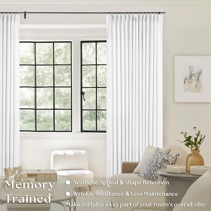 Pleated Linen Curtains 86 Inches Long for Living Room Pinch Pleat Hooks for Track System Back Tab Custom Made Memory Shape Drape Light Filtering Snow White Living Room Bedroom Window Curtain 86 Inch