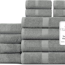 100% Cotton Bath Towel Set of 12-4 Bath Towels, 4 Hand Towels, 4 Wash Cloths, Sustainable, Soft, Highly Absorbent, Combed Cotton 12 Piece Set for Hotels, Spa, Bathroom, Dorm, Grey