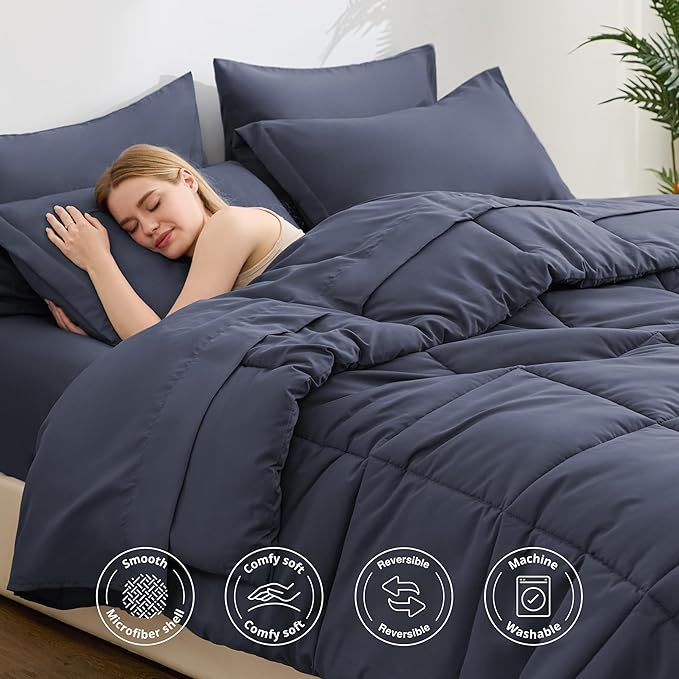 Love's cabin Twin Comforter Set Indigo Blue, 5 Pieces Twin Bed in a Bag, All Season Bedding Sets with 1 Comforter, 1 Flat Sheet, 1 Fitted Sheet, 1 Pillowcase and 1 Pillow Sham