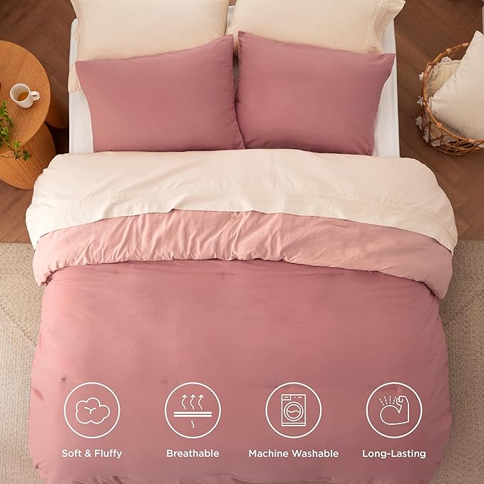Bedsure Queen Size Comforter Set, Reversible Pink Clay Soft Prewashed Bedding for All Seasons, 3 Pieces Warm Down Alternative Bed Set, 1 Lightweight Comforter (90"x90") and 2 Pillowcases (20"x26")