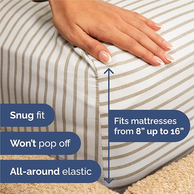 Split King 7 Piece Sheet Set - Cooling & Breathable Bed Sheets - Hotel Luxury Bed Sheets for Women, Men, Kids & Teens - Deep Pockets - Easy Fit - Soft & Wrinkle Free - Split King Beige Stripes Sheets
