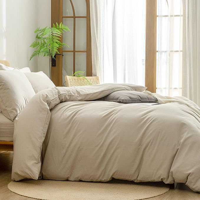 BESTOUCH Duvet Cover Set 100% Washed Cotton Linen Feel Super Soft Comfortable Chic Lightweight 3 PCs Home Bedding Set Solid Almond Milk Grey Super King