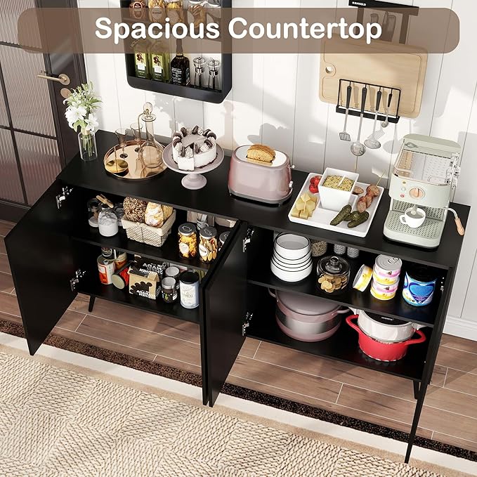 Sideboard Buffet Cabinet with Storage: 63" Large Accent Fluted Black Buffet Cabinet with 4 Doors, Mid Century Modern Credenzas for Living Room (Black)