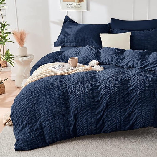 HYMOKEGE Navy Blue California King Comforter Set Seersucker 7 Pieces, All Season Luxury Bed in a Bag for Bedroom, Bedding Set with Comforters, Sheets, Pillowcases & Shams