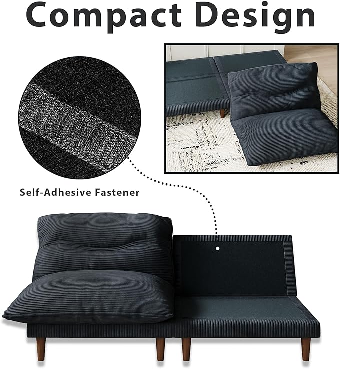 Futon Sofa Bed, 4 in 1 Multi-Functional Futon Couch with Adjustable Backrest, Convertible Sleeper Sofa Bed and Recliner Lounge, Loveseat for Living Room, Apartment, Office, 3 Sets, Black