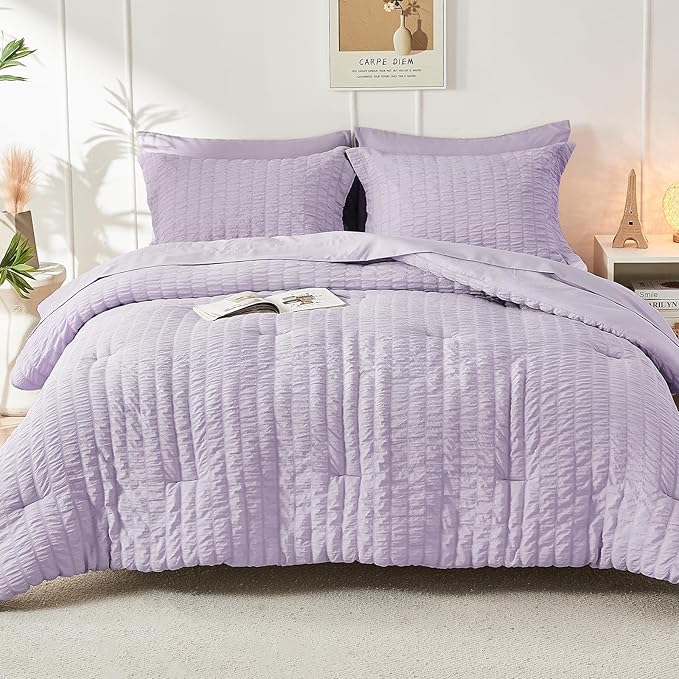 HYMOKEGE Lavender Queen Comforter Set Seersucker 7 Pieces, All Season Luxury Bed in a Bag for Bedroom, Bedding Set with Comforters, Sheets, Pillowcases & Shams