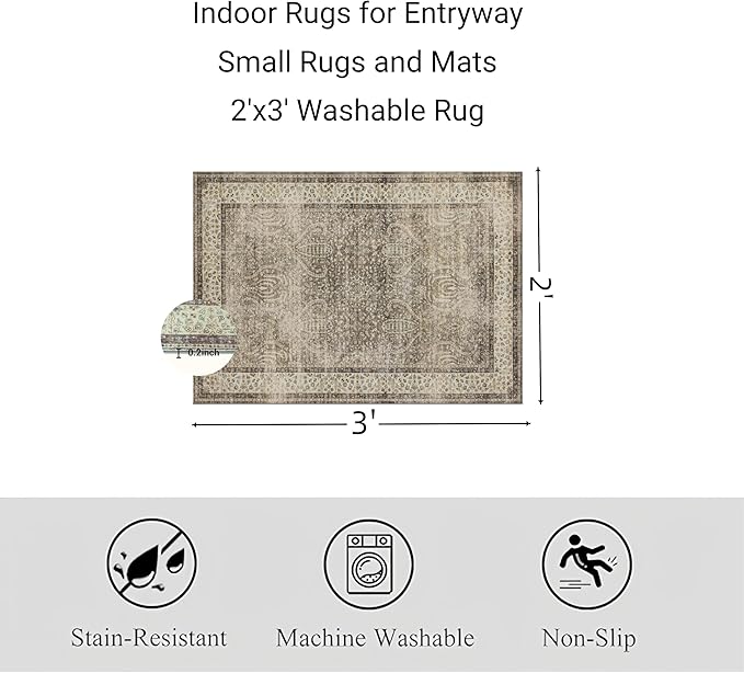 RCTJHOME 2'x3' Washable Entryway Rugs, Indoor Door Mat with 4 Non-Slip Tapes, Kitchen Bathroom Front Door Mat Indoor Entrance, Small Rugs and Mats, Retro Golden Brown Multi