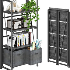 4NM No Assembly Folding Bookshelf Storage Shelves 4 Tiers Vintage Bookcase Standing Racks Study Organizer Home Office (Gray Black)