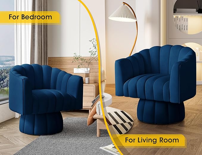 Accent Chair Mid Century 360 Degree Swivel Chair,Modern Lounge Sofa Round Barrel Chair with Wide Upholstered,Fluffy Velvet Fabric Chairs for Home Sofa Living Room/Bedroom/Waiting Room(Navy)