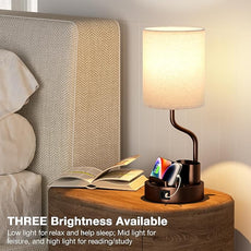 Bedside Table Lamps for Bedroom Set of 2 - Beige Nightstand Lamp with AC Outlet Charging Port and USB A C, 3 Color Temperatures, Included Phone & Pen Holder, Brown Night Stand Lamps for Guest Room