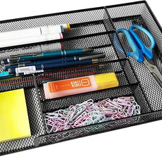 Desk Drawer Organizer Metal Mesh Drawer Organizer Tray for Office School or Home Supplies Desktop Storage Stationery，6 Compartments, 12.6 x 8.27 x 1.57 inch，Black (1pc pack)