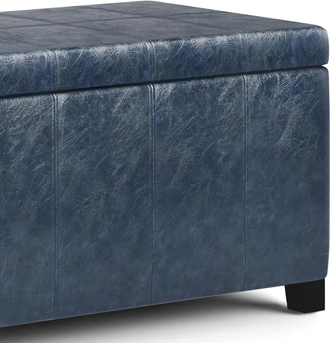 SIMPLIHOME Dover 36 inch Wide Contemporary Rectangle Storage Ottoman Bench in Denim Blue Vegan Faux Leather, Assembled, for the Living Room, Entryway and Family Room