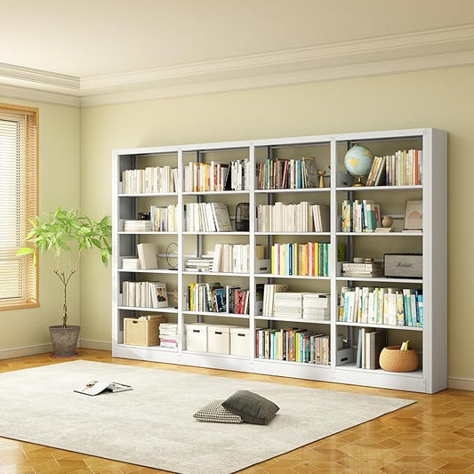 Industrial 5-Tier White Metal Bookshelf - Tall Freestanding Organizer for Living Room, Bedroom & Home Office