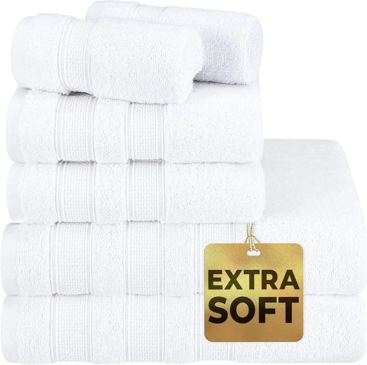 American Soft Linen Salem Turkish Bath Towel Set, 100% Cotton 600 GSM 6 Piece Towels for Bathroom, 2 Bath Towels 2 Hand Towels 2 Washcloths, White