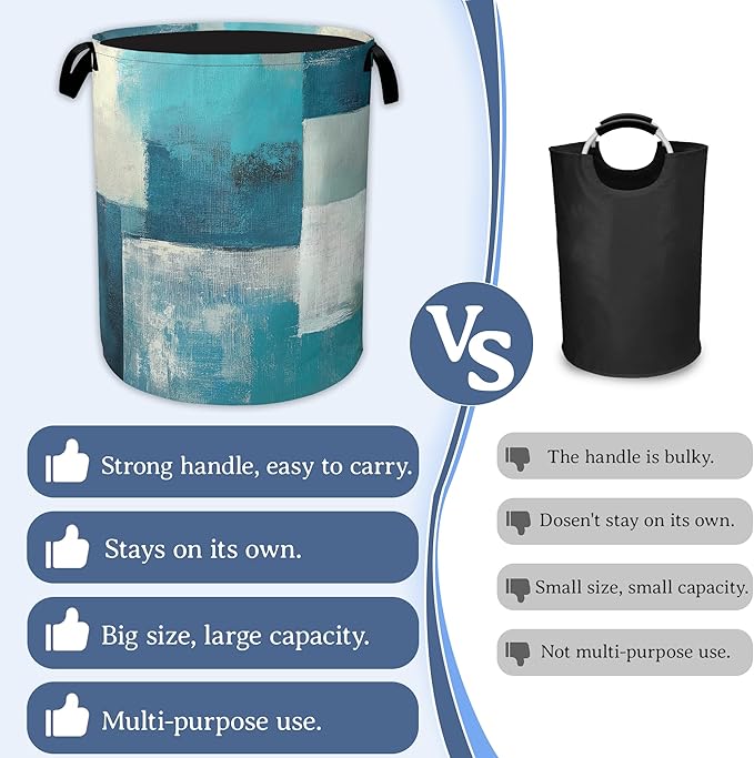 Turquoise Grey Abstract Art Painting Laundry Basket,Foldable Oxford Cloth Geometric Laundry Hamper with Handles, 20.8"x16" Tote Bag Clothes Storage Bucket for Laundry Room/Bathroom/Bedroom/Dormitories