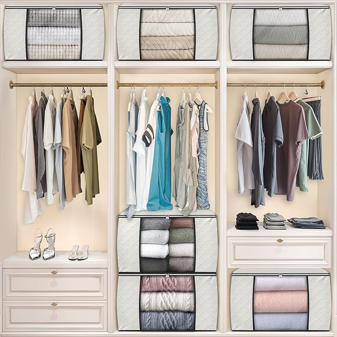 Fab totes 24 Gallons Clothes Storage, Foldable Thick Fabric Blanket Storage Bags, Containers for Organizing Bedroom, Closet, Clothing, Comforter, Organization with Handle (8 Pack,Ivory)