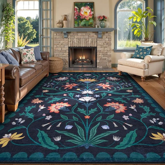 Lahome Boho Floral Washable Dark Blue 9x12 Area Rugs for Living Room, Non Slip Rugs for Bedroom, Indoor Throw Dining Room Carpet for Under Table Home Office Playroom (Dark Blue,9x12ft)