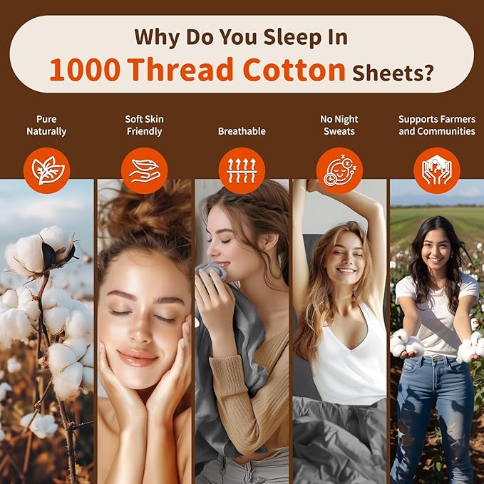 LBRO2M 1000 Thread Count 100% Cotton Sheets Set,California King Size Bed Sheet 4 Piece Sets,Long Staple,16 Inches Deep Pocket,All Season,Bedding Super Soft Comforterble Breathable(Dark Grey)