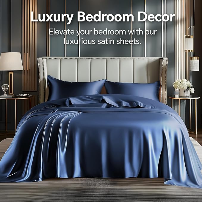 BEDELITE California King Sheets Set, Luxury Soft Navy Satin Sheets for Hair and Skin, Similar to Silk Bed Sheets Set 4 Pieces with 1 Deep Pocket Fitted Sheet, 1 Flat Sheet, and 2 Pillowcases