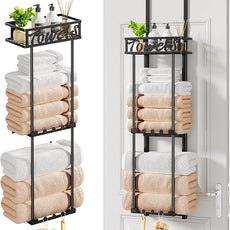 HapiRm Towel Rack Bathroom Storage - 3 Tier Over The Door & Wall Mounted Rolled Towel Racks Holder Organizer with Metal Shelf and 6 Hooks for Small Bathroom, Camper, Rv - Black (for 1.77 in Doors)