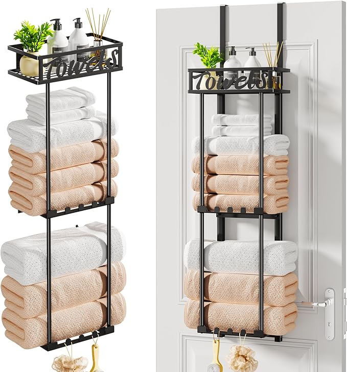 HapiRm Towel Rack Bathroom Storage - 3 Tier Over The Door & Wall Mounted Rolled Towel Racks Holder Organizer with Metal Shelf and 6 Hooks for Small Bathroom, Camper, Rv - Black (for 1.77 in Doors)