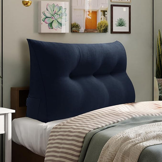 WOWMAX 85% Linen 15% Cotton Blend Headboard Pillow – Twin Size Reading Wedge Backrest for Bed, Handmade Firm Support Bolster Cushion with Removable Cover, Premium Bed Rest Pillow, Blue
