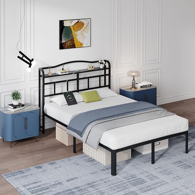 14 Inch Metal Bed Frame - Queen Size Black Heavy Duty Bedframe Platform Basic Mattress Foundation with Headboard & Charging Station No Box Spring Needed/Easy Assembly/No Noise