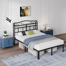 14 Inch Metal Bed Frame - Queen Size Black Heavy Duty Bedframe Platform Basic Mattress Foundation with Headboard & Charging Station No Box Spring Needed/Easy Assembly/No Noise