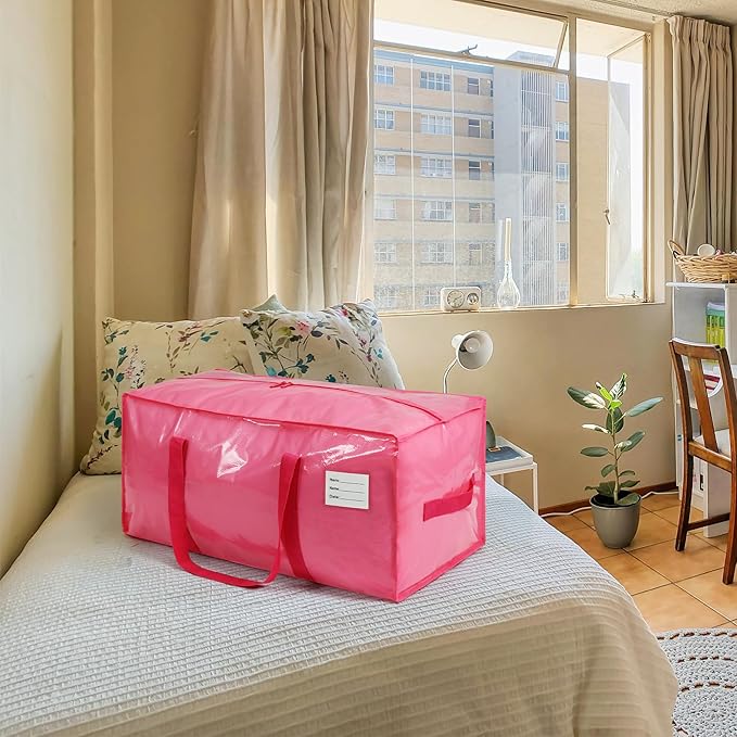 2 Pack Extra Heavy Duty Large Moving Bags with Comfortable Handle & Strong Zipper,Storage Totes for Space Saving Moving Storage College Supplies Alternative to Moving Box,Pink