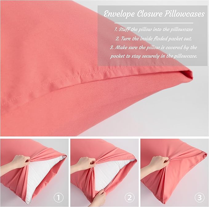 NTBAY King Pillow Cases Set of 2, 2 Pack Brushed Microfiber 20x40 Pillow Cases, Soft, Wrinkle, Fade, Stain Resistant Coral Pink Pillow Cases with Envelope Closure, 20x40 Inches, Coral Pink