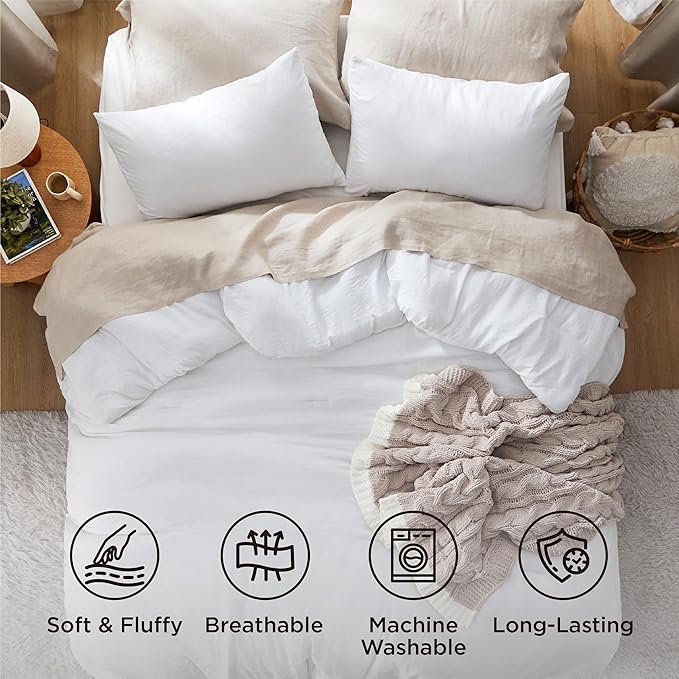 Bedsure King Size Comforter Set, White Soft Prewashed Bedding for All Seasons, 3 Pieces GentleSoft™ Warm Down Alternative Bed Set, 1 Lightweight Comforter (104"x90") and 2 Pillowcases (20"x36")