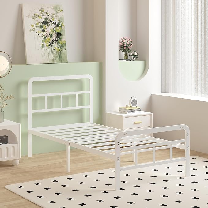 14 Inch Twin Bed Frames with Headboard and Footboard, Heavy Duty Twin Bed Frame with Underneath Storage, No Box Spring Needed, Easy Assembly, White
