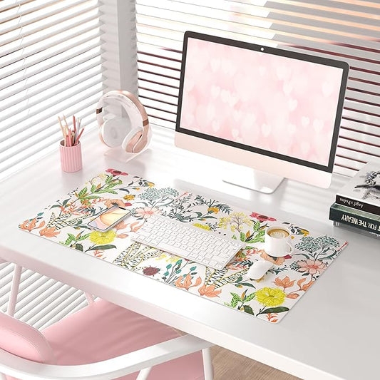 QIYI Floral Large Mouse Pad, Colorful Desk Mat for Desktop, Women Girls Desk Accessories Office Décor, PU Leather Waterproof Big Gaming Mousepad, Blooming Flowers Desk Pad Computer Mat, 31.5" x 15.7"