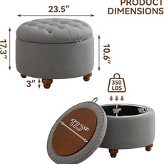 24Inch Round Storage Ottoman with Tray, Modern Tufted Fabric Circle Coffee Table with Storage, Upholstered Ottoman with Removable Top for Living Room, Bedroom, Light Grey