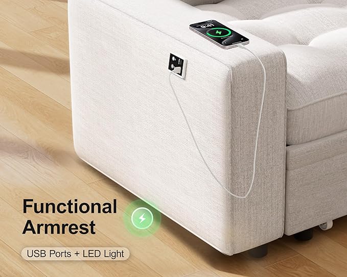 WEUP 5 Seat L Shaped Sectional Sleeper Sofa Bed with Pull Out Bed, Chenille Sectional Sleeper Couch with Adjustable Backrest, USB Ports & Storage Seat, Tool-Free Assembly, Chenille Beige
