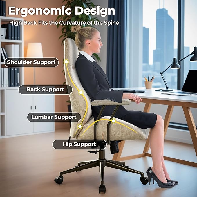 ovios Ergonomic Office Chair, High Back Faux Leather Executive Chairs with Armrests, Comfy High-Century Modern Swivel Rolling Computer Armchair (Beige, Suede Leather)