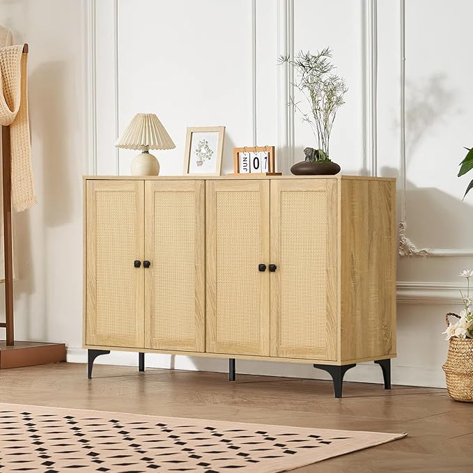 Rattan 2-Door Storage Cabinet Buffet - Boho Small Sideboard with Adjustable Shelves for Pantry Kitchen Entryway, Natural Weave 23.6" W x 15" D x 33.3" H