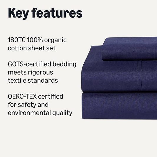 Amazon Basics Organic Cotton Sheet Set with 1-Piece Pillowcase, Navy Blue, Twin